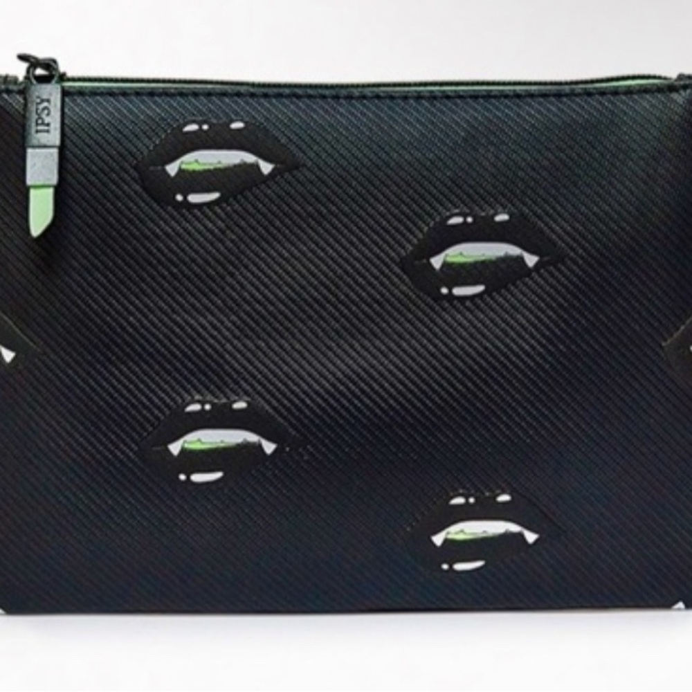 Ipsy Black Vampire Fang Lips Cosmetic Bag with Green Accents